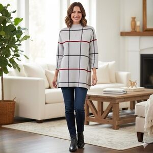 Tahari Windowpane Grid Mock Turtleneck Tunic Sweater Size XL Cream Red Gray